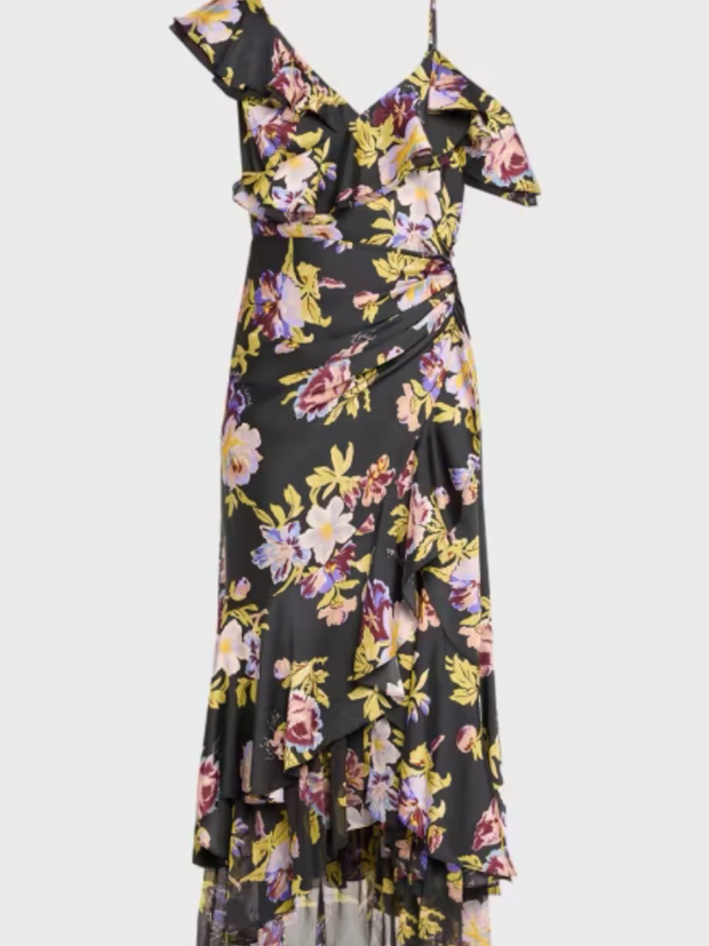 Cinq A Sept Black One-Shoulder Floral Ruffle Midi Dress
